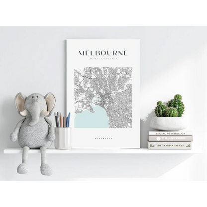 Grey plush elephant toy on Melbourne City Map black and white aluminum print