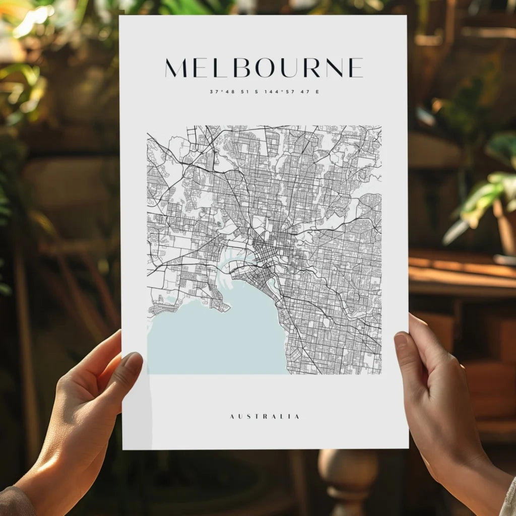 Sleek black and white Melbourne city map poster on aluminum print