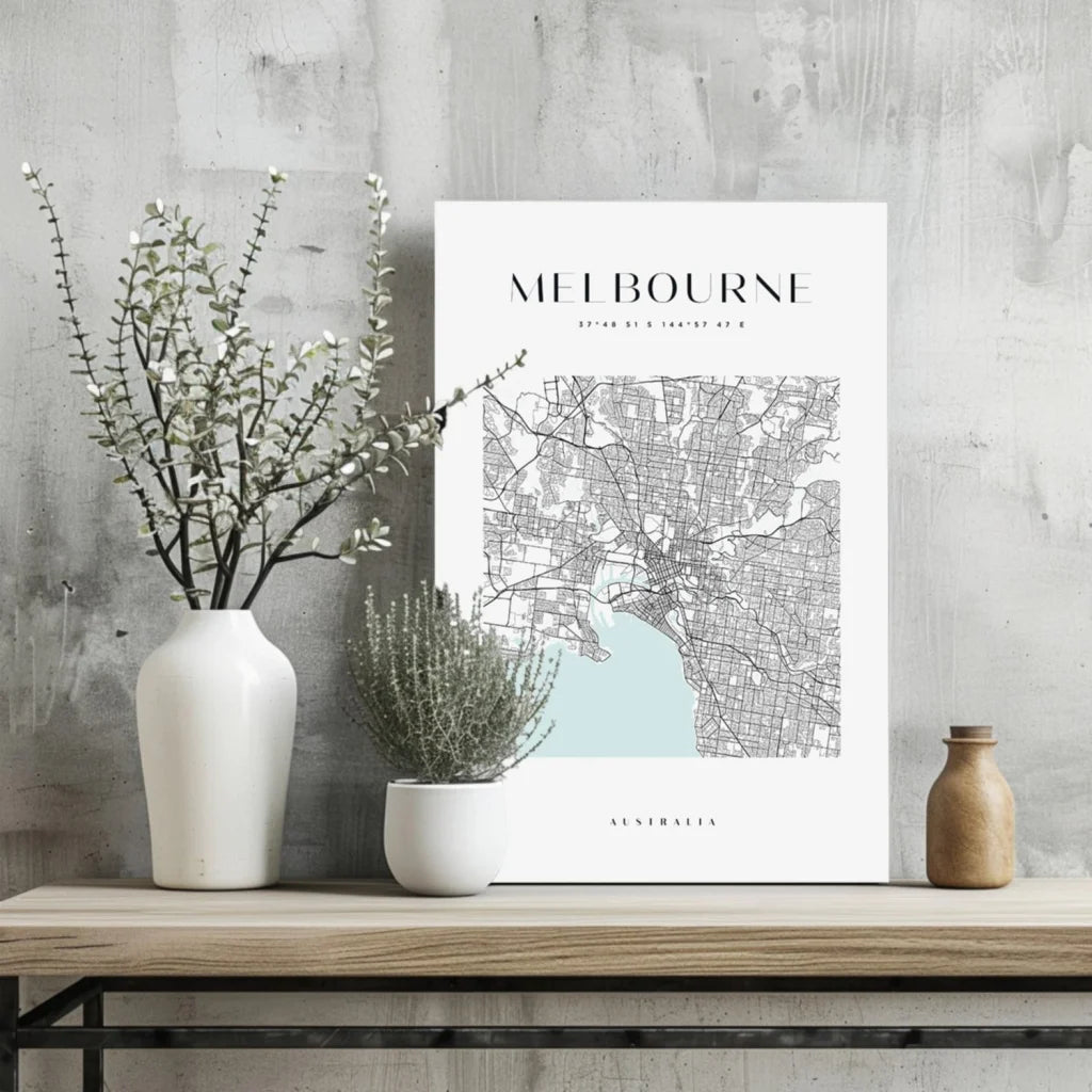White vase with dried branches and green foliage on Melbourne City Map Aluminum Print