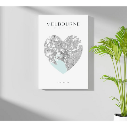Heart-shaped Melbourne map on insigne aluminum print