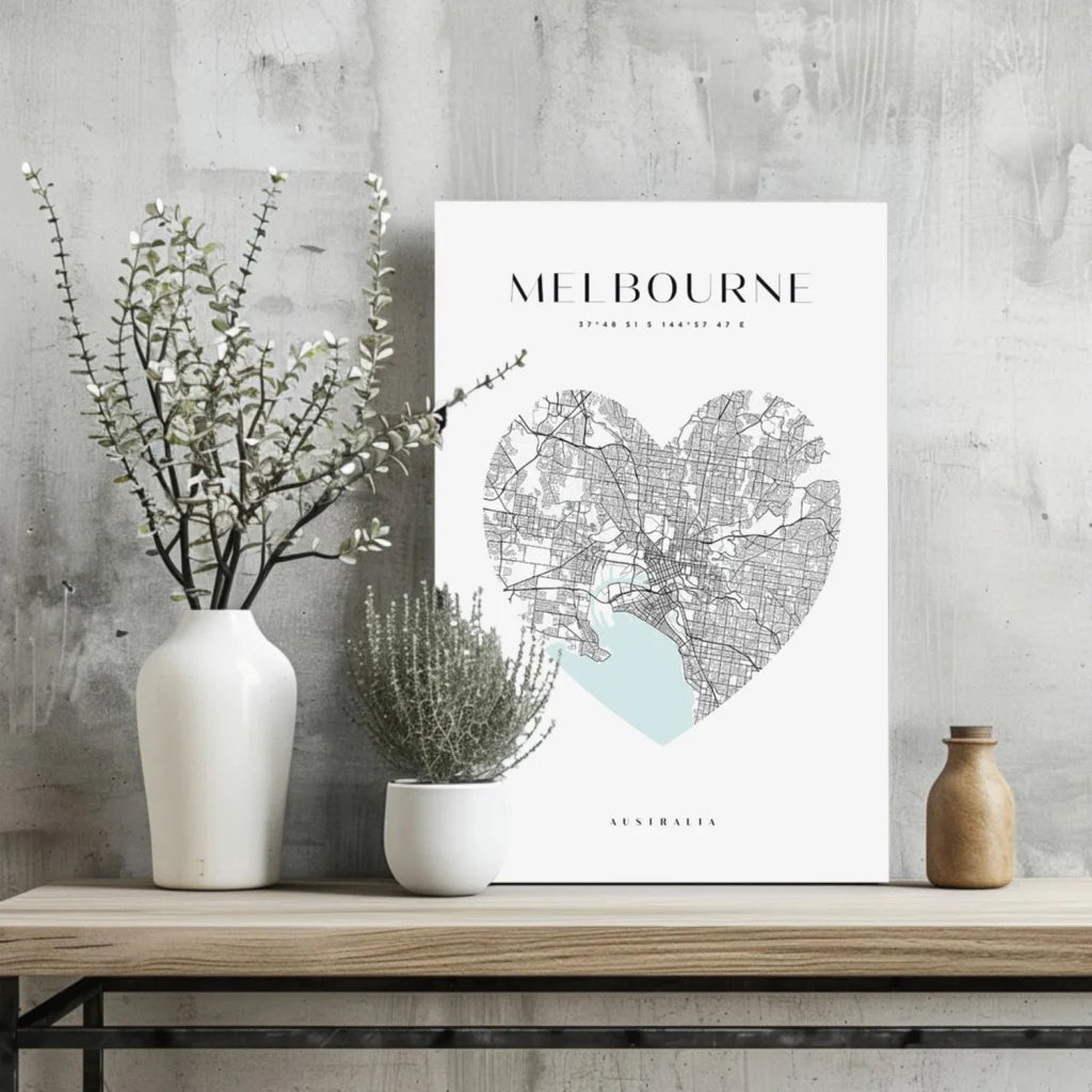 Heart-shaped Melbourne map in vivid colors on insigne aluminum print