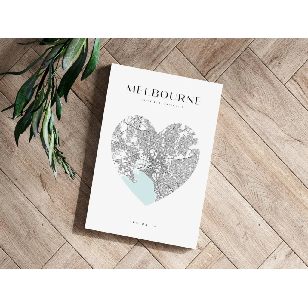 Grayscale Melbourne heart map aluminum print with blue bay accent