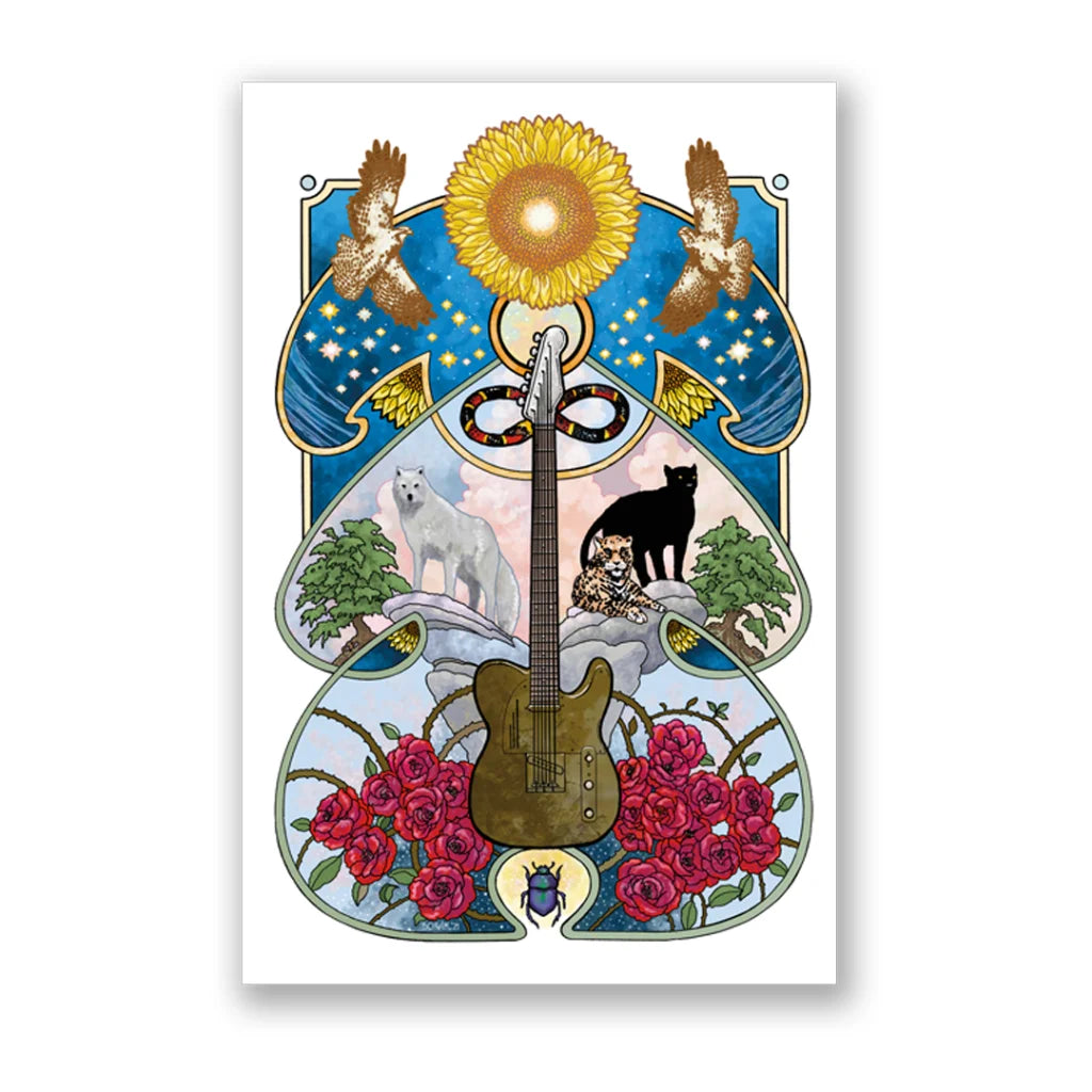 Vibrant Art Nouveau Melissa Etheridge guitar illustration with animals and flowers