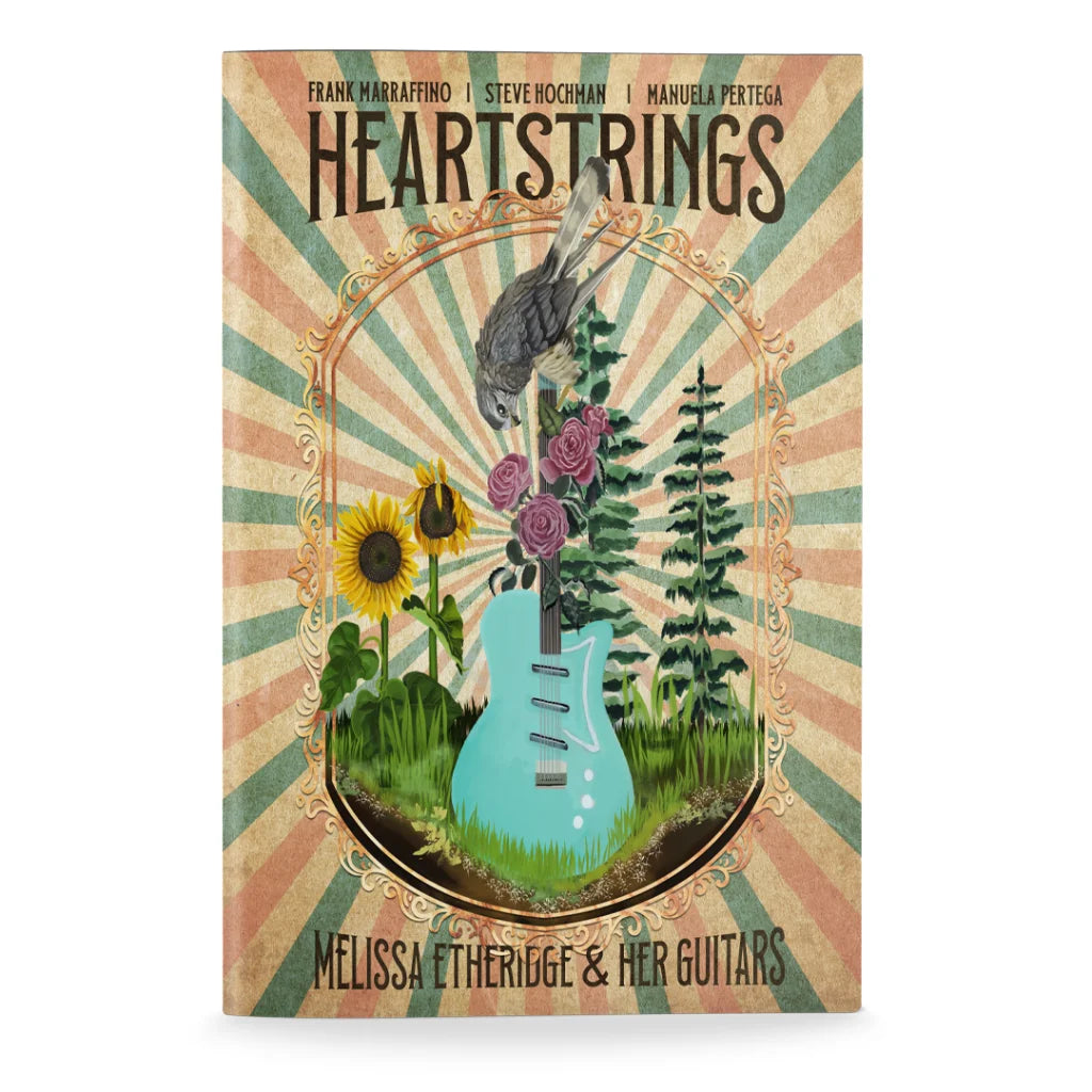 Illustrated book cover with guitar sunflowers and a bird for Melissa Etheridge Heartstrings graphic novel hardcover