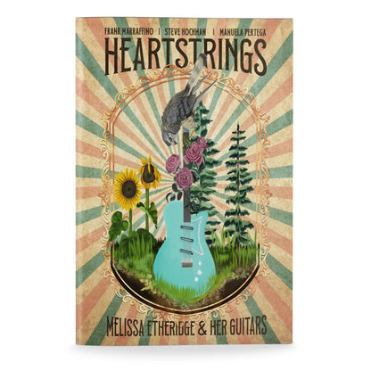Illustrated book cover with guitar sunflowers and a bird for Melissa Etheridge Heartstrings graphic novel hardcover
