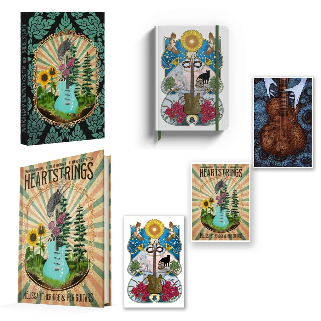 Melissa Etheridge Heartstrings themed merchandise with guitar illustrations and signed book set