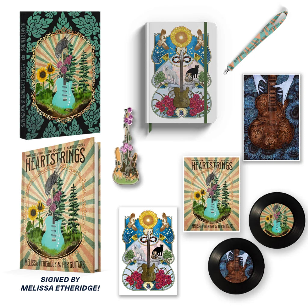 Melissa Etheridge Heartstrings merchandise collection with themed artwork and signed deluxe guitar book