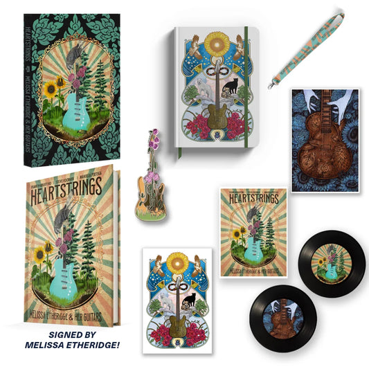 Melissa Etheridge Heartstrings merchandise collection with themed artwork and signed deluxe guitar book