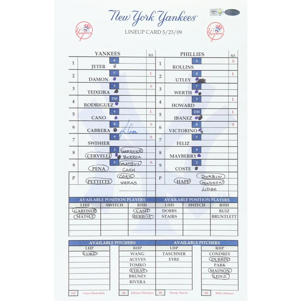 Melky Cabrera signed Yankees lineup card with Steiner hologram from May 23, 2009 game