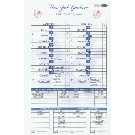 Melky Cabrera signed Yankees lineup card with Steiner hologram from May 23, 2009 game