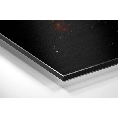 Black metal-framed cosmic portrait on brushed aluminium dibond print