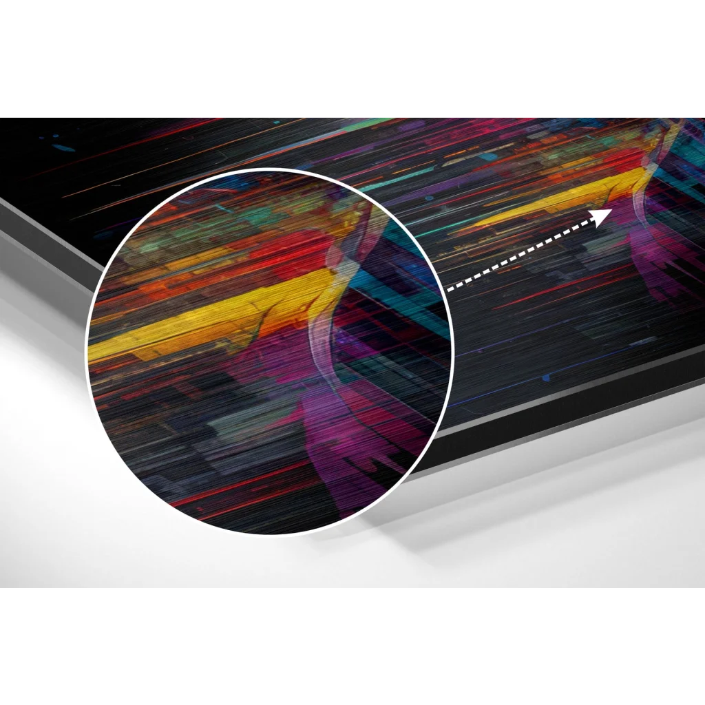 glass wall art Sleek monitor showing vibrant neon art on brushed aluminium dibond