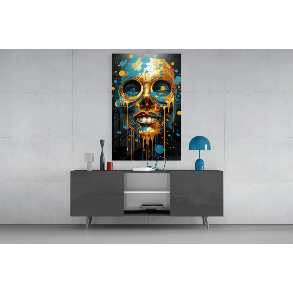 Vibrant abstract golden skull glass wall art with blue paint splashes