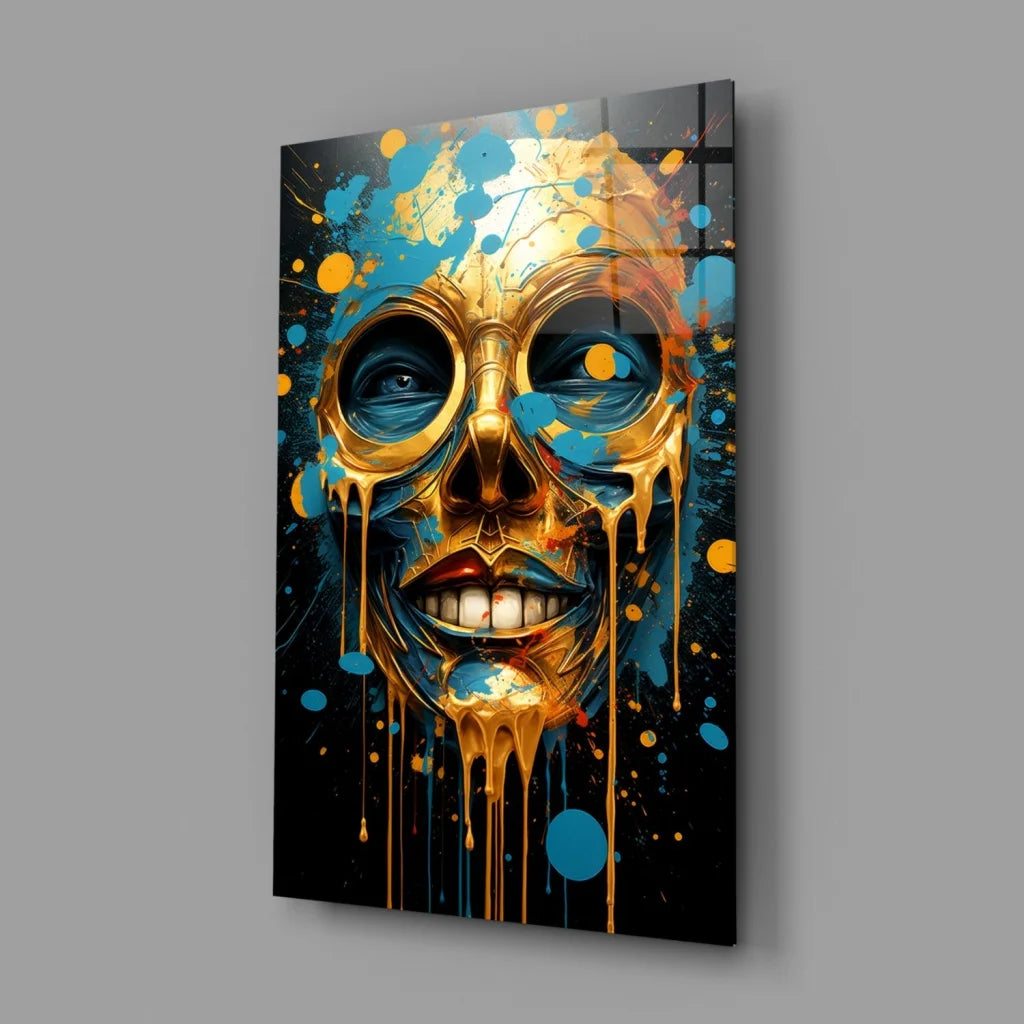 Vibrant golden skull glass wall art with blue orange paint splashes