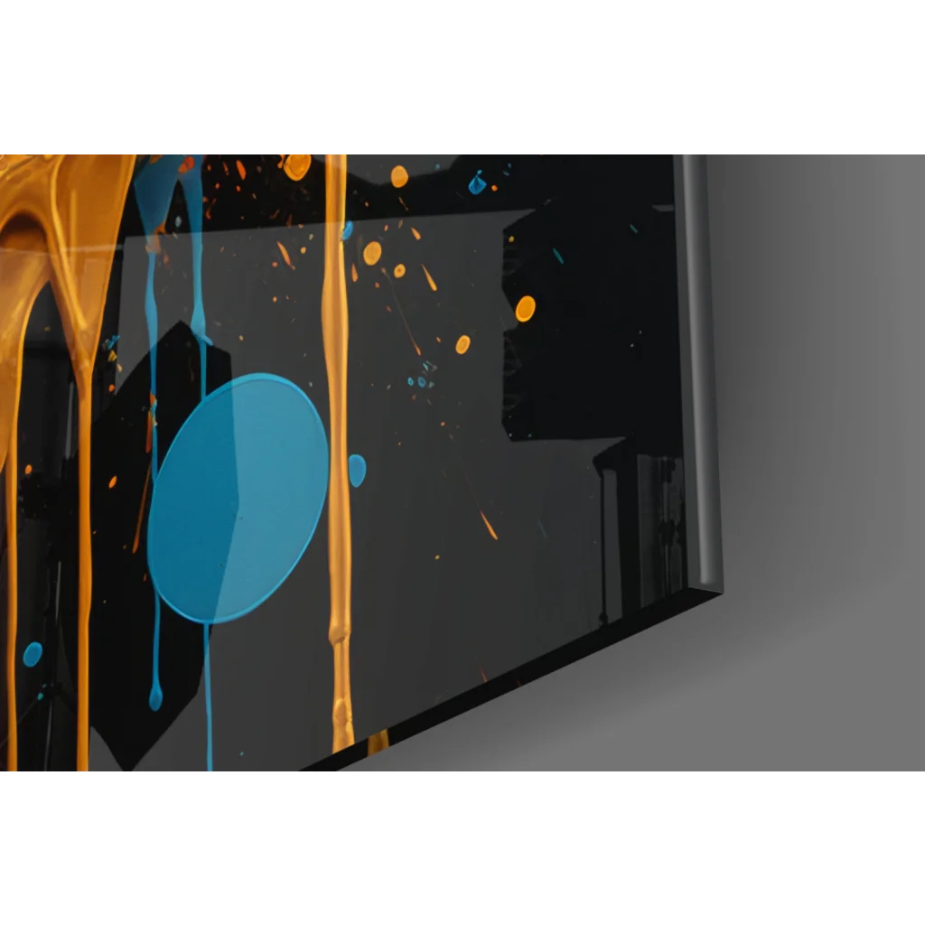 Golden Skull glass wall art with bold gold blue drips and turquoise circle