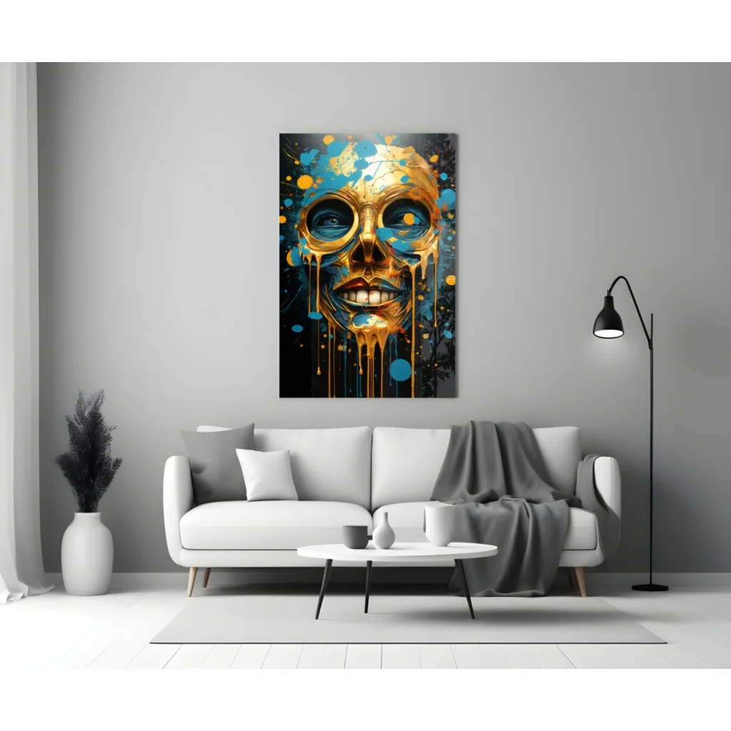 Golden skull glass wall art with vibrant blue paint splashes on gray wall