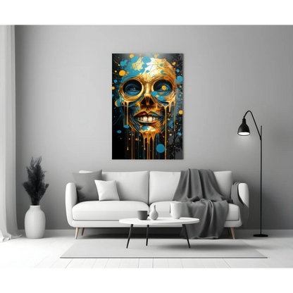 Golden skull glass wall art with vibrant blue paint splashes on gray wall
