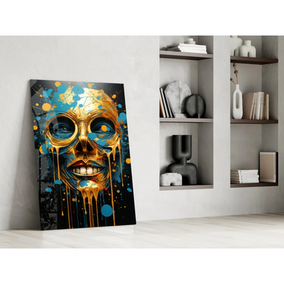Golden skull glass wall art with blue paint splashes on black background