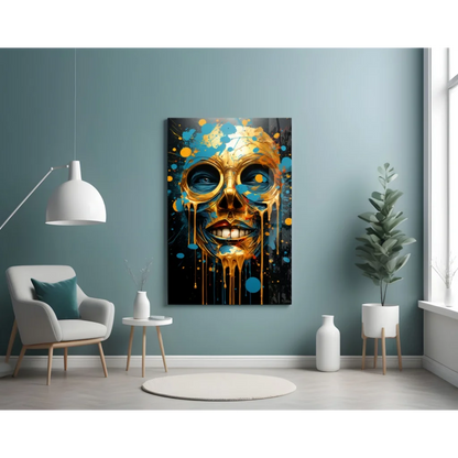 Golden skull glass wall art with vibrant blue yellow splatters