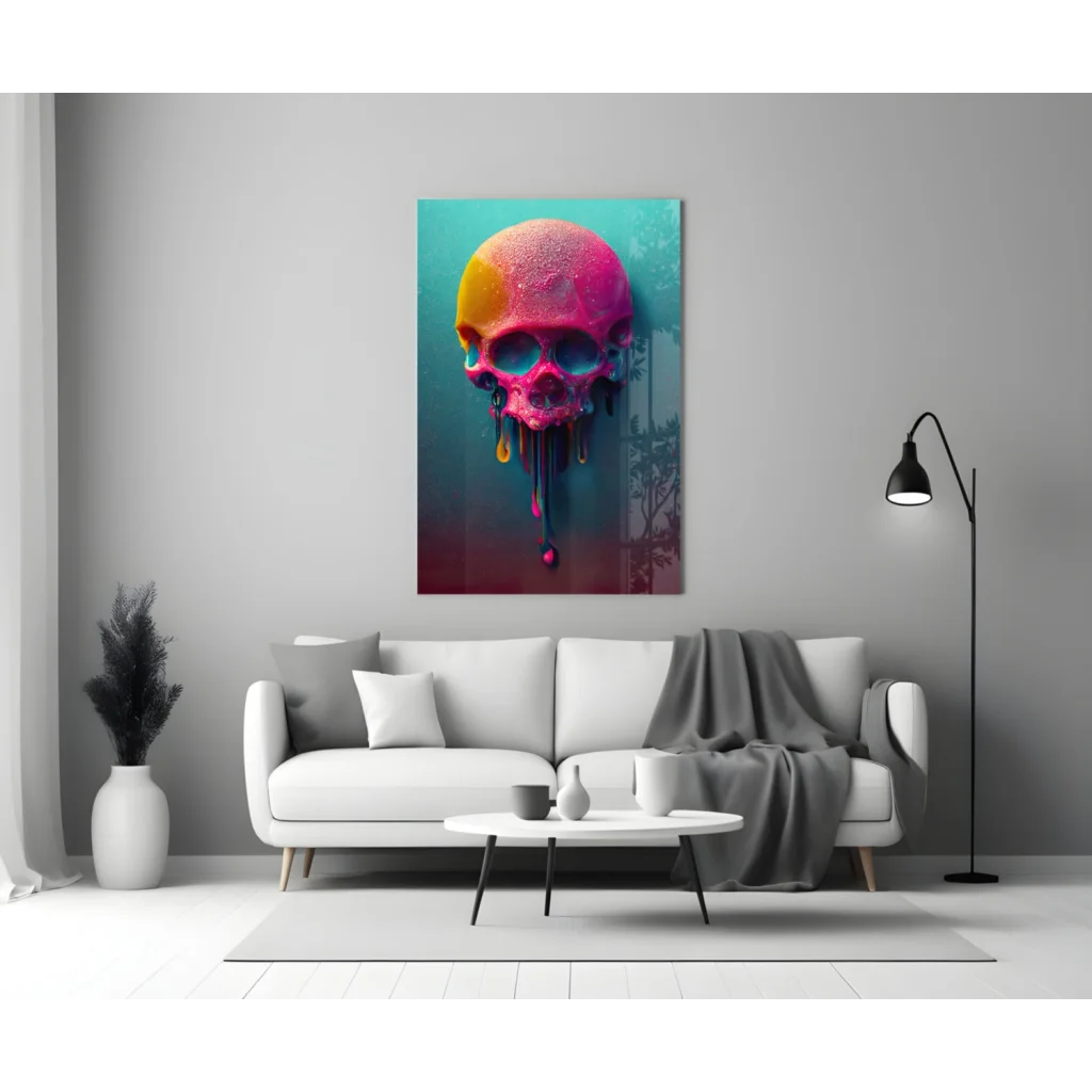 Vibrant neon dripping skull glass wall art in teal magenta gradients