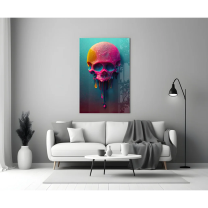 Vibrant neon dripping skull glass wall art in teal magenta gradients