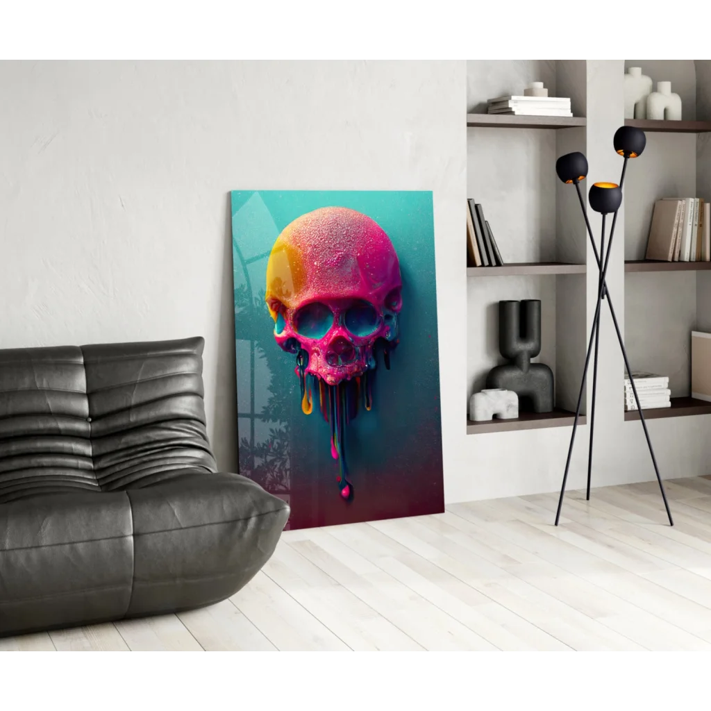 Vibrant neon dripping skull glass wall art in electric teal-purple hues