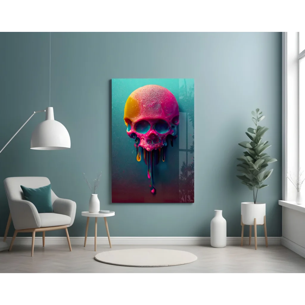 Vibrant neon dripping skull glass wall art in pink-yellow gradient on teal