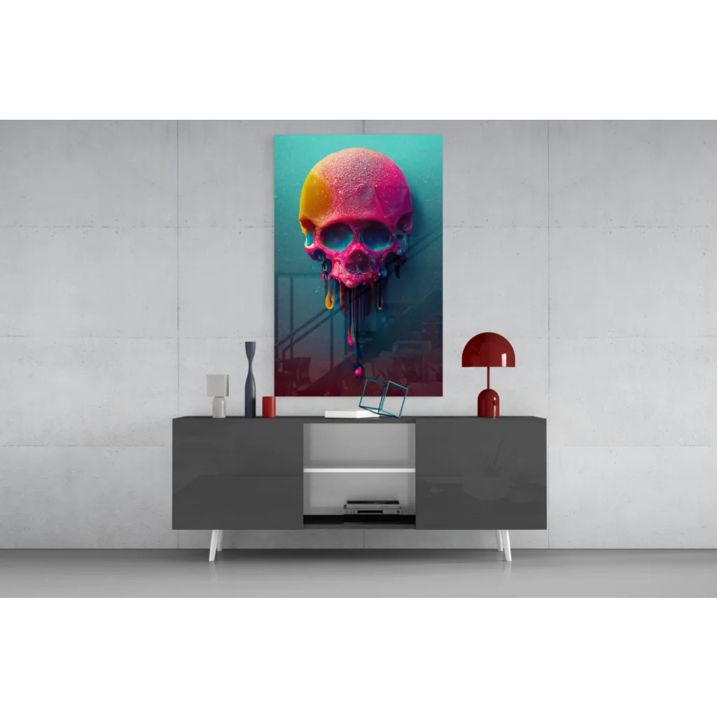 Vibrant neon dripping skull glass wall art in pink-yellow gradient on teal
