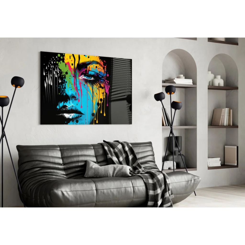 Vibrant dripping rainbow portrait glass wall art of womans face on black canvas