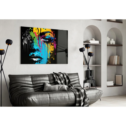 Vibrant dripping rainbow portrait glass wall art of womans face on black canvas