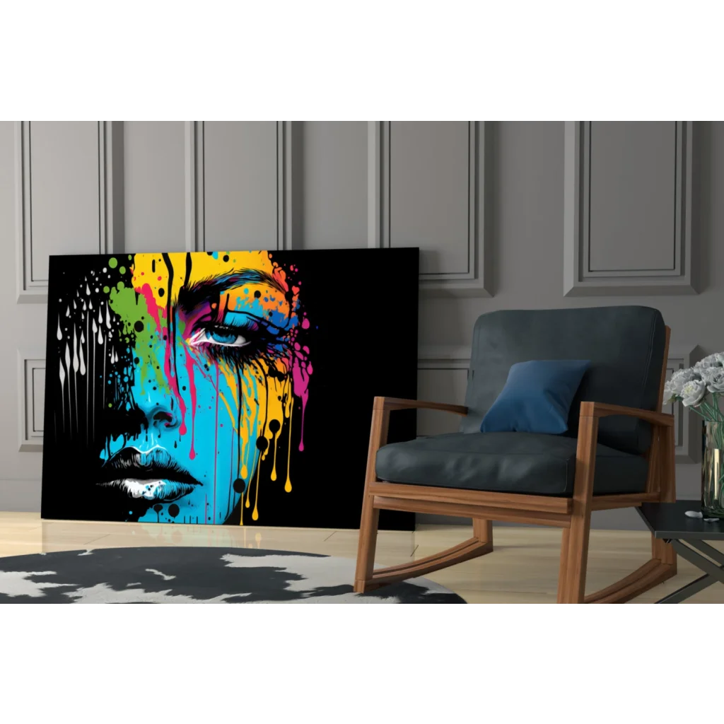 Vibrant dripping rainbow portrait glass wall art on black canvas