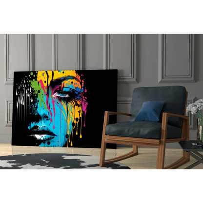 Vibrant dripping rainbow portrait glass wall art on black canvas