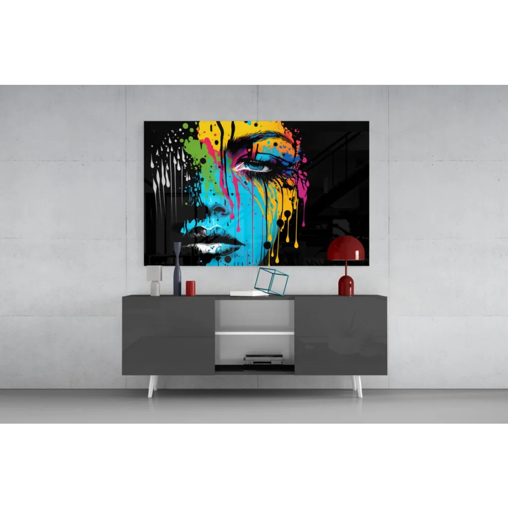 Vibrant dripping rainbow portrait glass wall art on black canvas