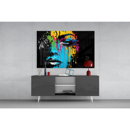 Vibrant dripping rainbow portrait glass wall art on black canvas