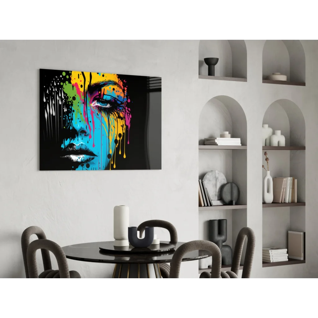 Vibrant dripping rainbow portrait glass wall art on black canvas