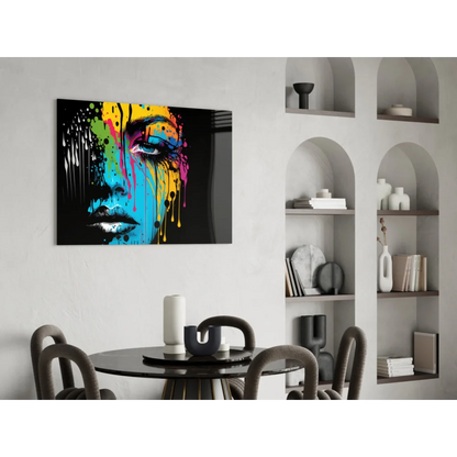 Vibrant dripping rainbow portrait glass wall art on black canvas
