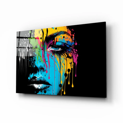 Vibrant dripping rainbow portrait glass wall art on black canvas