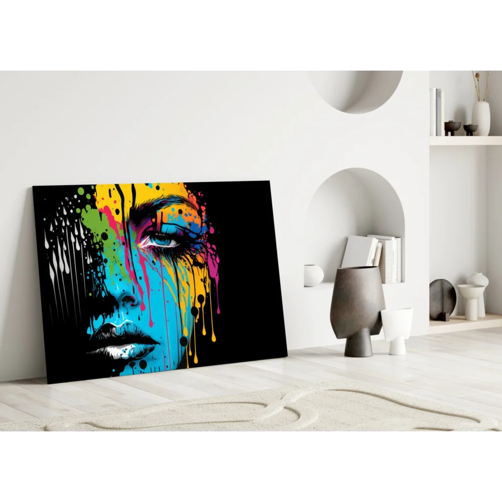 Vibrant dripping rainbow woman portrait glass wall art on black canvas