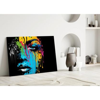 Vibrant dripping rainbow woman portrait glass wall art on black canvas