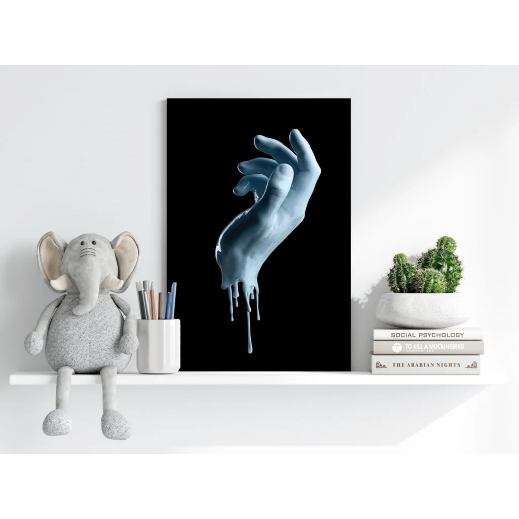 Cool blue hand with dripping liquid on black canvas aluminum wall art print
