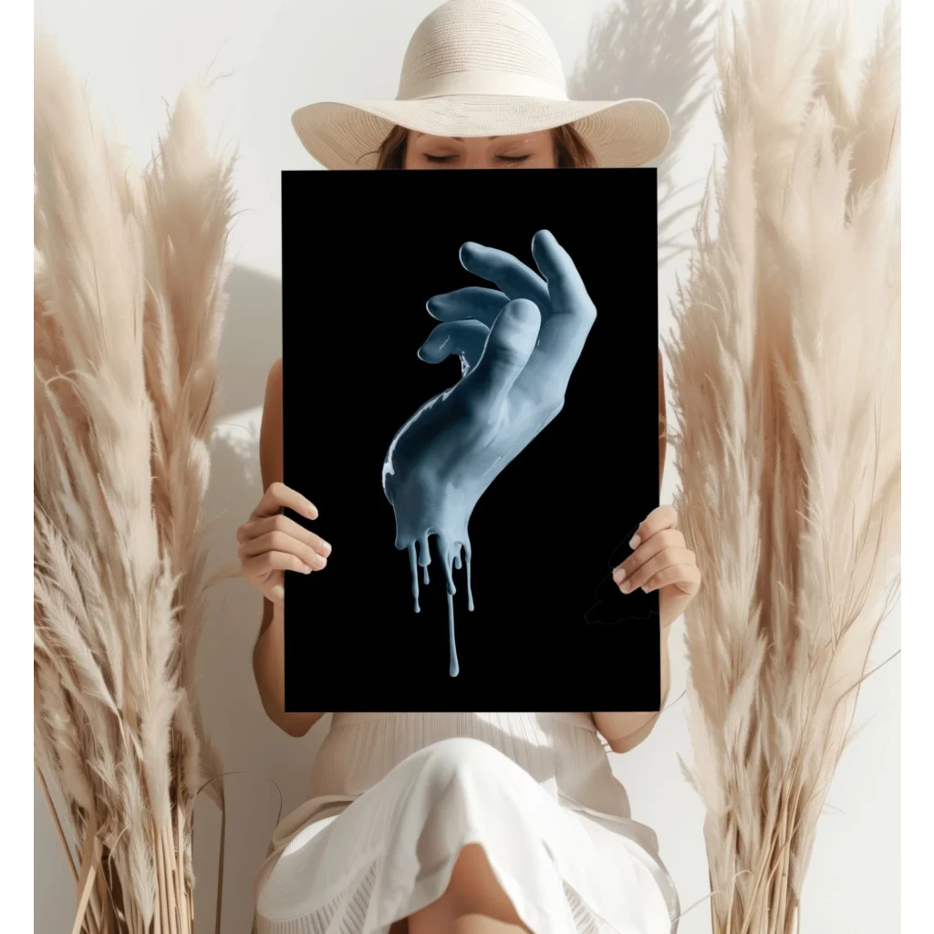 Striking black poster of surreal blue hand dripping liquid, aluminum wall art