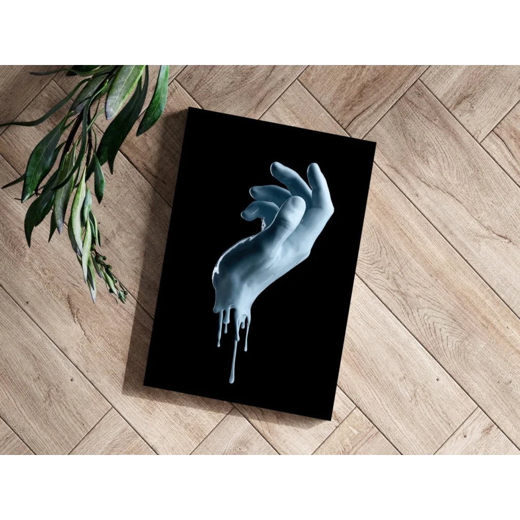 Striking melting blue hand aluminum wall art print on black canvas