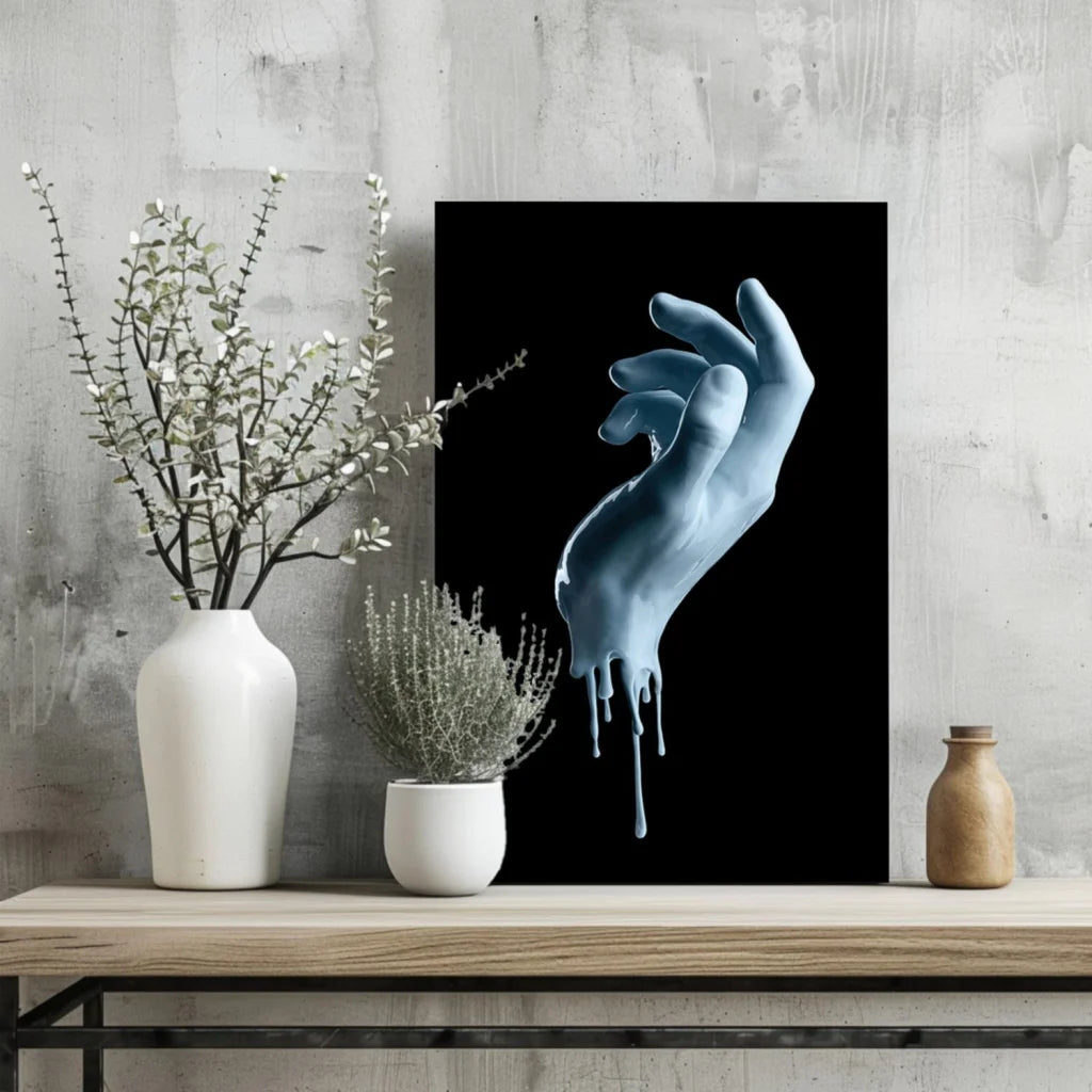 Glossy melting blue hand aluminum wall art print on black background