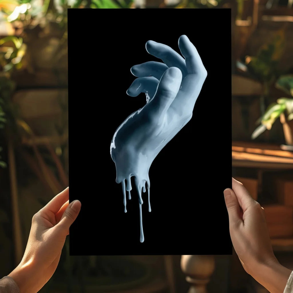Surreal melting blue handprint on glossy aluminum wall art against black background