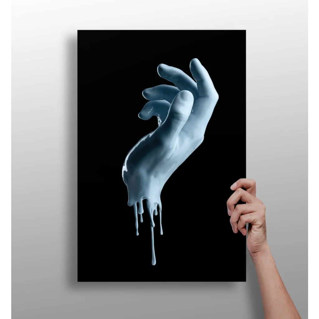 Surreal glossy blue melting hand aluminum wall art print on black canvas
