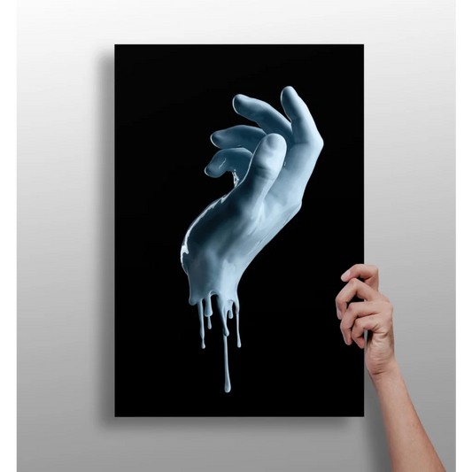 Surreal glossy blue melting hand aluminum wall art print on black canvas