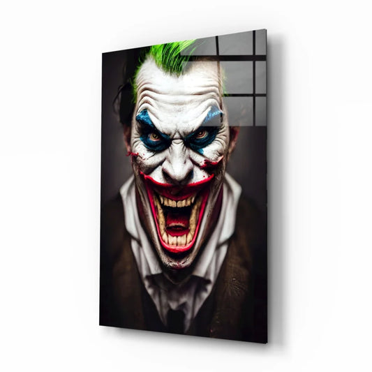 Menacing Joker glass wall art with vibrant green mohawk and bold red lips