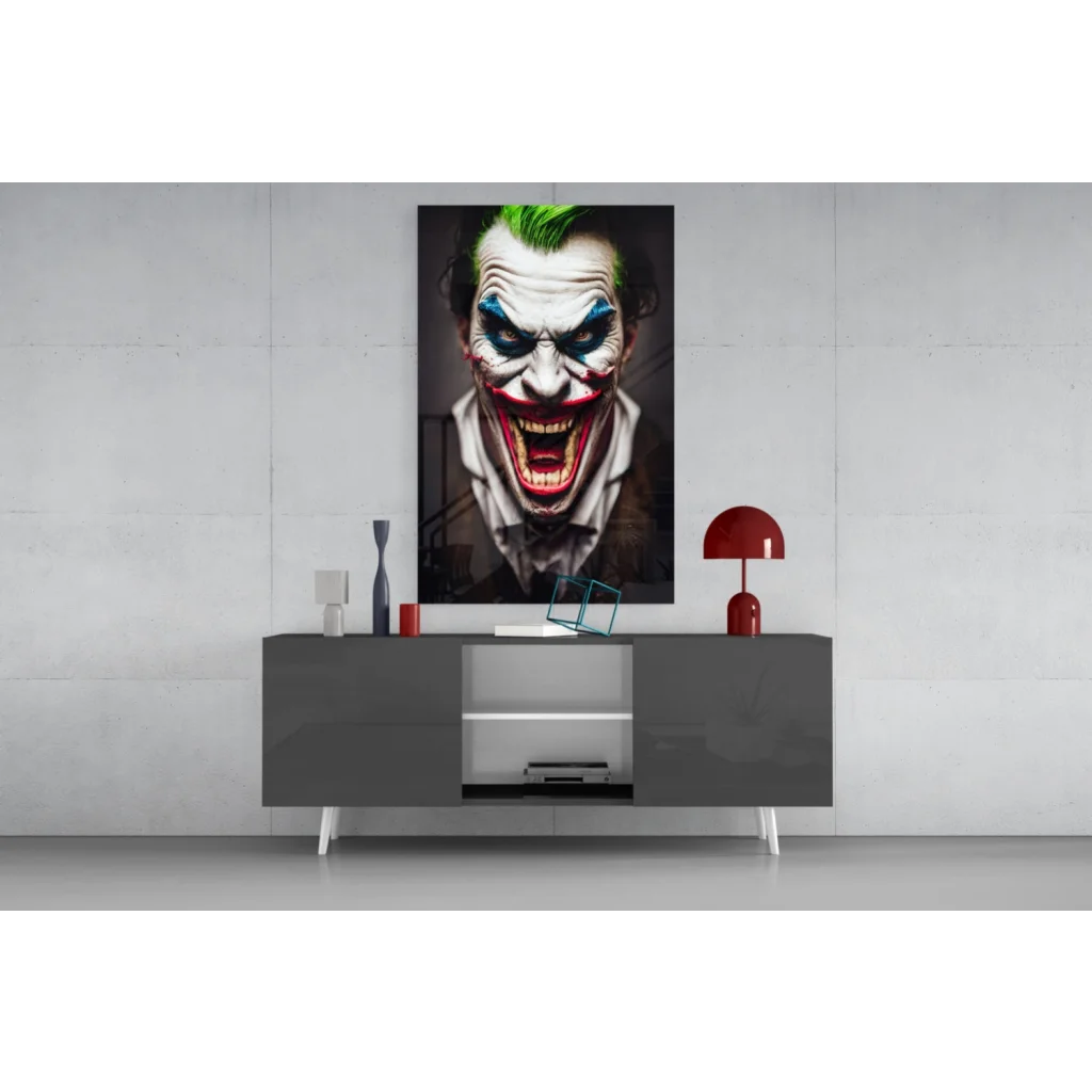Menacing Joker glass wall art with vibrant green mohawk