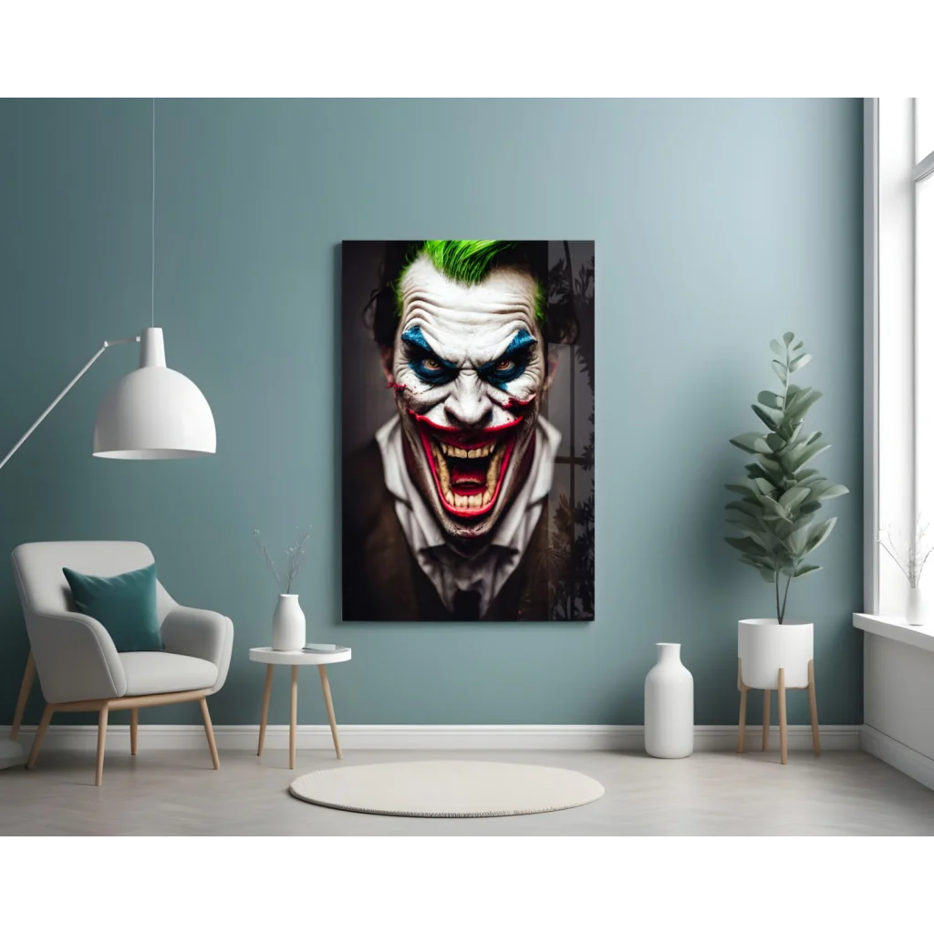 Striking Joker glass wall art with green mohawk in modern room