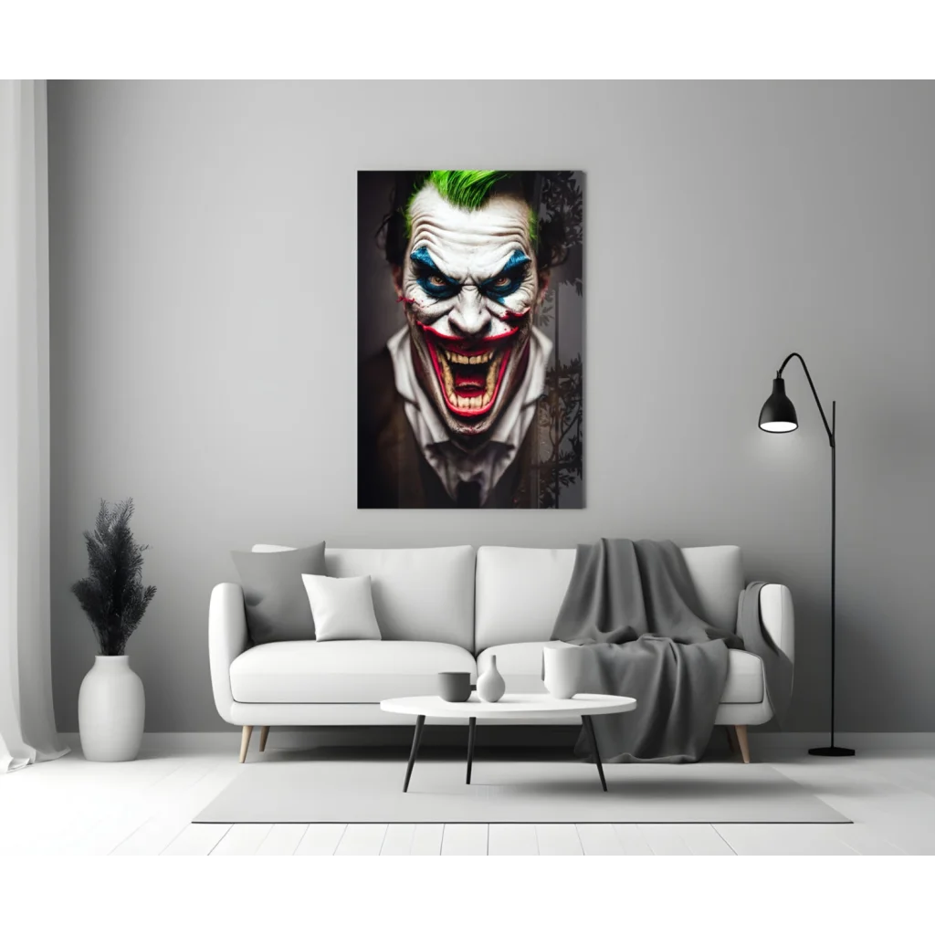 Menacing Joker glass wall art with vibrant green mohawk on canvas